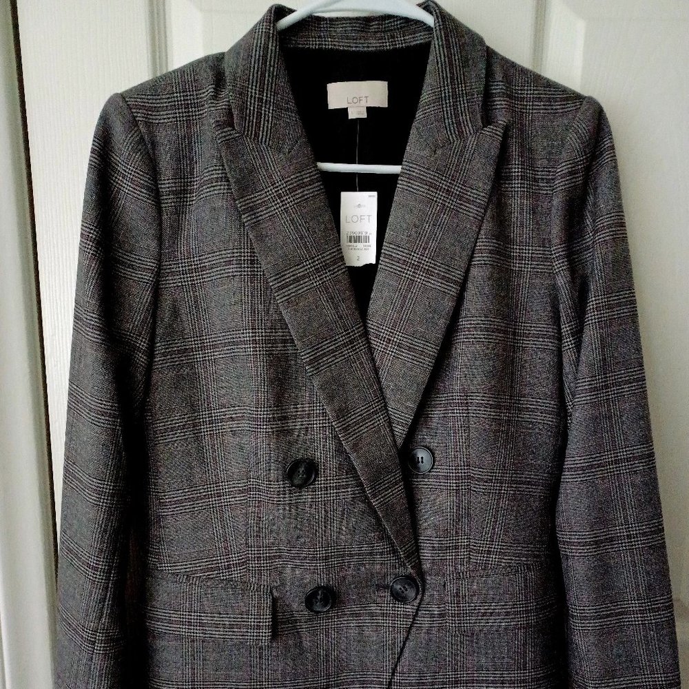 Loft Plaid Double-Breasted Blazer, Size 2, Gray